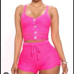 Jolie and Joy Womens Pink Crochet Short Set. Sz L Beach Cover Up Festival